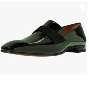 FSJ Green Men's Square Toe Slip-On Loafers Patent Leather Strap Across Shoes